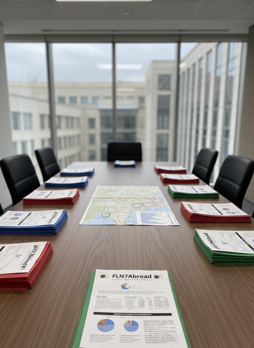 An elegant conference table made of matte walnut, covered with color-coded campaign documents for Algeria’s July 2026 parliamentary elections in Constituency 7 abroad. Each document bears a clear FLN7Abroad header, small Algerian flags, and neatly printed charts about diaspora priorities such as education, consular services, and investment. A large, unfolded electoral map of Europe dominates the center, with key cities discreetly circled in green. Overhead, diffused office lighting creates an even, neutral tone without harsh shadows. A glass wall in the background reveals blurred outlines of modern government buildings. Photographic realism, slightly elevated angle, and a clean, modern aesthetic convey a focused, strategic mood suitable for a professional political campaign website.