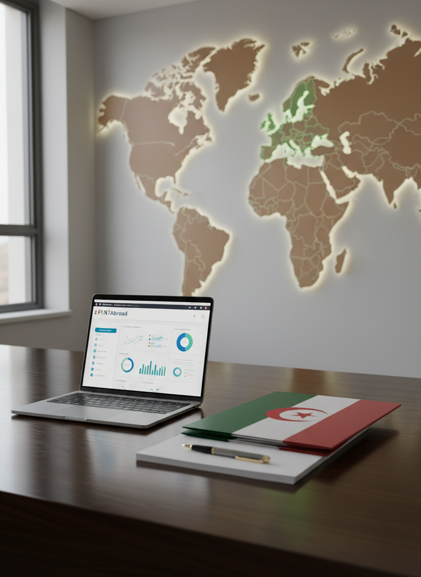A polished, modern campaign workspace featuring a large, dark wooden desk neatly arranged with an open silver laptop displaying a clean political campaign dashboard for FLN7Abroad. Beside it, a tricolor folder in green, white, and red with a subtle Algerian crescent and star emblem rests on neatly stacked briefing papers and a metal pen. In the background, a wall-mounted world map with Europe highlighted in soft green tones provides geographic context. Neutral daylight from a nearby window casts gentle, even illumination, creating soft reflections on the laptop and desk surface. Shot at eye level with photographic realism and sharp focus throughout, the composition is balanced and professional, communicating organization, transparency, and a serious, government-level campaign atmosphere.