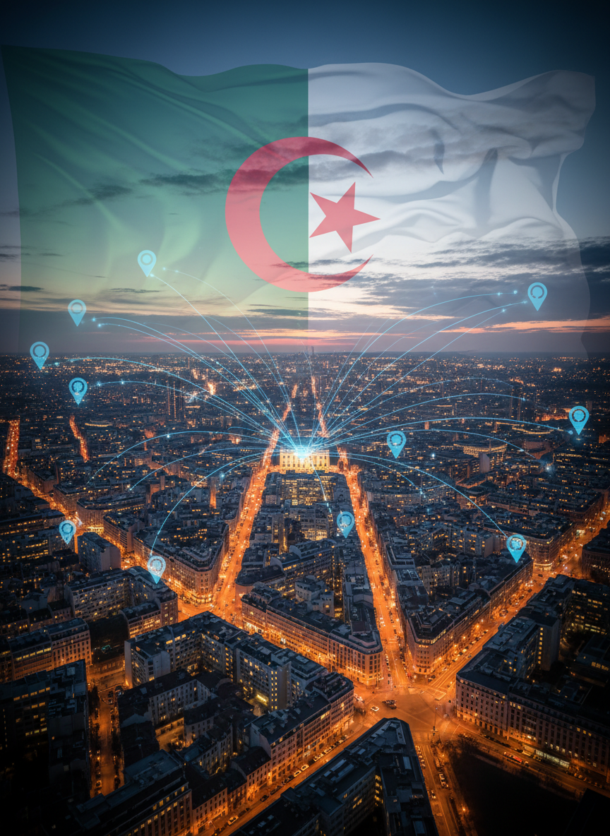 A wide, panoramic shot of a modern European cityscape at dusk, photographed from a high vantage point, with softly glowing office windows and streetlights tracing the avenues. In the sky above, a semi-transparent overlay of the Algerian flag blends harmoniously with the clouds, while subtle graphical lines connect the city to small, glowing points over other European capitals, symbolizing Constituency 7 abroad. The lighting captures the last blue tones of evening with warm highlights from the city below, creating a dynamic yet composed mood. Photographic realism with slight digital graphic enhancement, using rule-of-thirds composition, sharp focus on the city and gentle vignetting at the edges, evokes connection, reach, and national unity across Europe for the FLN7Abroad campaign.