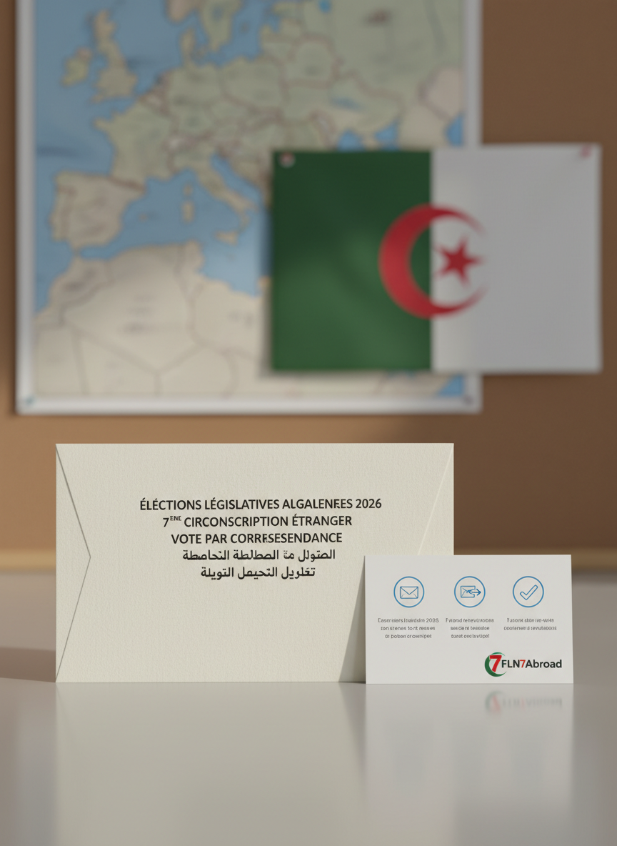 A close-up of a pristine, official-looking ballot envelope resting on a smooth, light gray surface, labeled clearly in French and Arabic for the 2026 Algerian parliamentary elections, Constituency 7 abroad. Next to it lies a small, rectangular card showing simplified postal voting instructions with numbered icons, and a subtle FLN7Abroad logo. In the softly blurred background, a faint map of Europe and the Algerian flag are visible as printed graphics pinned to a board. Soft studio lighting from the left creates gentle shadows and highlights the texture of the paper and crisp typography. Captured with a shallow depth of field and centered composition, in photographic realism, the scene feels calm, trustworthy, and informative, ideal for explaining voting procedures to diaspora citizens.