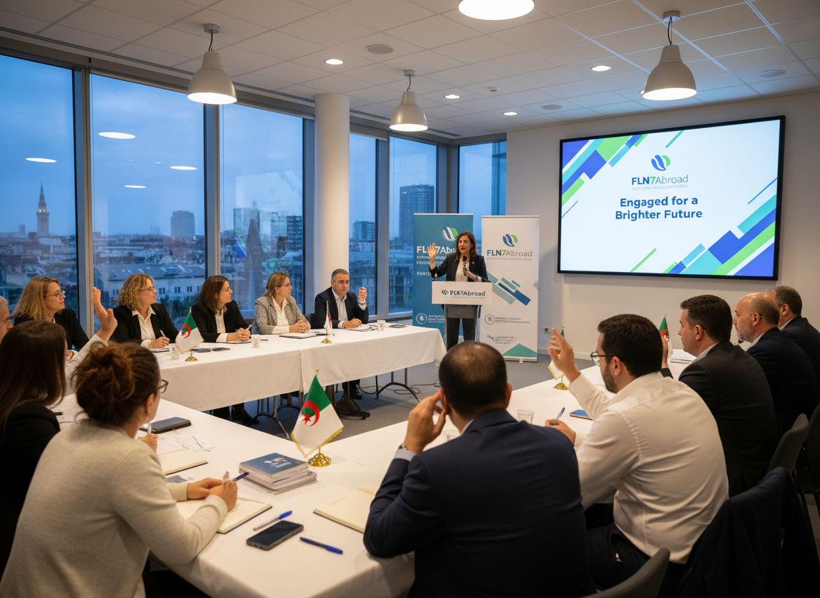 Engaged Algerian diaspora community meeting in Europe: diverse Algerian adults seated in a bright, modern community hall, some raising hands, others taking notes, with a facilitator leading a structured discussion. Small Algerian flags on tables, subtle European city skyline through large windows, neutral and trustworthy political campaign look that matches FLN7Abroad brand style.