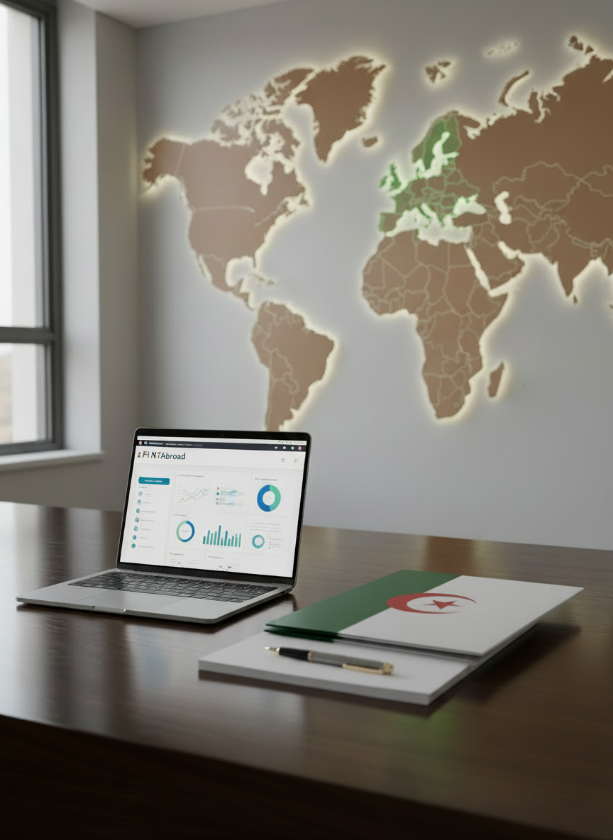 Edit the existing image so that the small flag printed on the document on the desktop becomes the Algerian flag, keeping everything else in the scene identical.