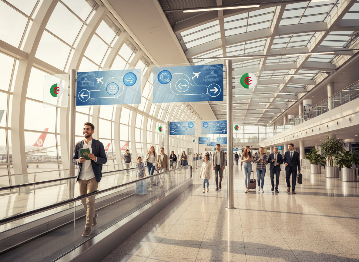 A photorealistic, optimistic scene representing easier movement between Algeria and abroad for Algerians. Show a bright, modern international airport with a clear view of a departures/arrivals area and a moving walkway. In the foreground, a traveler holding an Algerian passport and a boarding pass walks confidently toward a gate. In the mid-ground, digital screens show icons of planes and simple, language-neutral symbols (no Arabic text anywhere), with a subtle Algerian flag icon or colors integrated into the UI. Include diverse travelers (families, students, professionals) moving smoothly through the space, with a sense of efficiency and comfort. Avoid any readable Arabic text; signage should be icon-based or abstract. Match the color grading and composition style of the other FLN7Abroad campaign images.