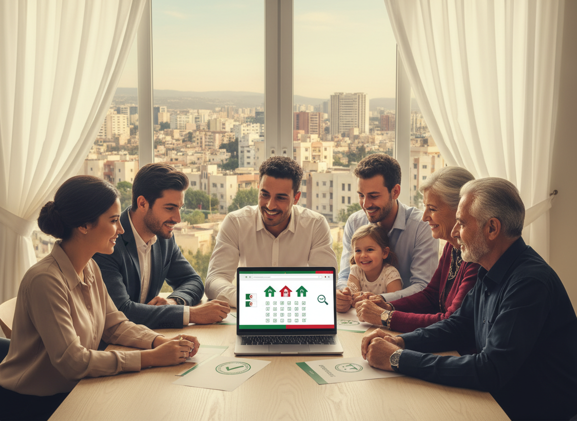 A photorealistic, optimistic scene representing Housing Access for Algerians Abroad and fair access to national housing programs: a diverse group of Algerians abroad (young professionals, a small family, and an older couple) sitting around a modern table looking at a laptop and housing documents. On the laptop screen, show a simple, language-neutral housing portal interface with icons of houses and checkmarks, and subtle Algerian flag colors. In the background, a bright interior with a window showing an Algerian cityscape with apartment buildings, suggesting connection to national housing programs back home. Include small visual hints of fairness and transparency, like balanced scales icon or approved-stamp style icon on a document. Avoid any readable Arabic text; use icons and abstract shapes instead. Match the color grading and composition style of the other FLN7Abroad campaign images.