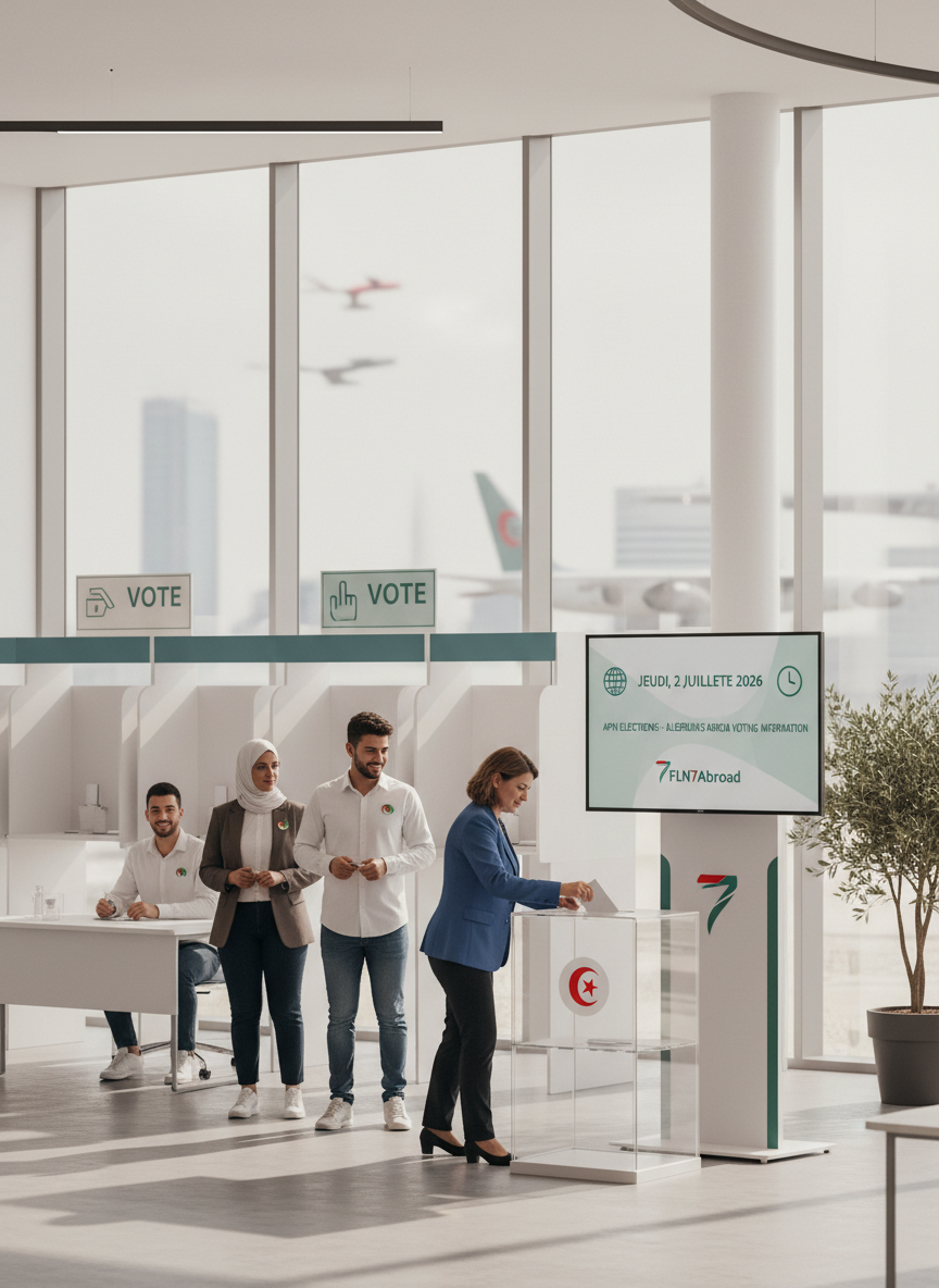 A photorealistic, optimistic campaign image illustrating "Algerians Abroad Voting Information" for the Algerian parliamentary elections (APN) on Thursday, 2 July 2026. Show a bright, modern consular or embassy voting area abroad, with clear signage that is language-neutral (icons and simple words like "Vote" in English or French, but avoid Arabic text). In the foreground, a diverse group of Algerian citizens abroad (different ages and genders) are calmly and proudly participating in the voting process: one person checking in at a consular desk with an ID card, another placing a ballot into a transparent ballot box marked with a subtle Algerian emblem, and another reading an information board that shows the date "2 July 2026" and simple icons for location and time. Include visual hints that this is abroad (e.g., a cityscape or airport-like glass exterior) while keeping the focus on the Algerian embassy/consulate setting. Integrate Algerian flag colors in a subtle, respectful way (on badges, small signs, or decor) without overwhelming the scene. The overall mood should be orderly, accessible, and encouraging, aligned with the FLN7Abroad campaign visual style and color grading.
