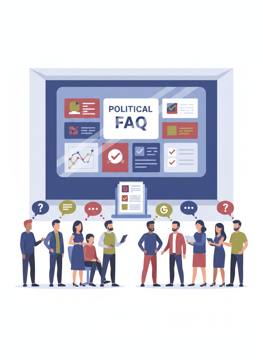 An illustration representing a political FAQ help center with a diverse group of people asking questions and a clear, organized list of answers on a large screen or document, in a modern flat style that matches a political information website, with no visible Q&A or text on the screen or in boxes.